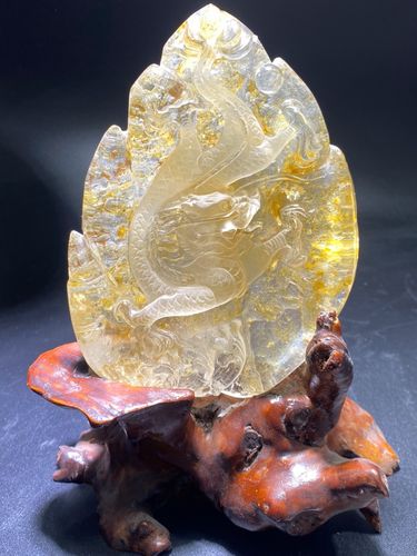 天然水晶原石打磨黄胶花雕刻飞龙办公礼物摆件 一物一图